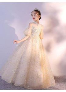 robe cérémonie fille princesse en tulle champagne avec manches courtes bouffantes