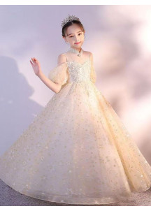 robe cérémonie fille princesse en tulle champagne avec manches courtes bouffantes