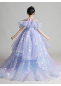 Ceremonial Dress for Little Girl in Iridescent Blue Tulle with Sparkling Snowflakes