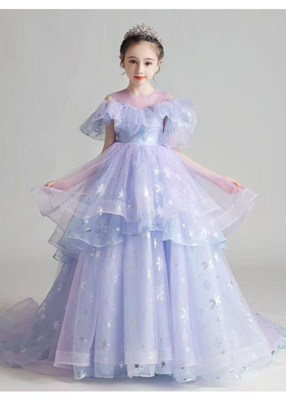 Ceremonial Dress for Little Girl in Iridescent Blue Tulle with Sparkling Snowflakes