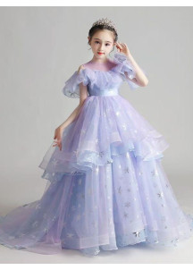 Ceremonial Dress for Little Girl in Iridescent Blue Tulle with Sparkling Snowflakes