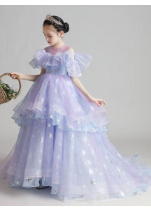 robe cérémonie petite fille en tulle aérien d'un bleu glacial parsemé de flocons scintillants