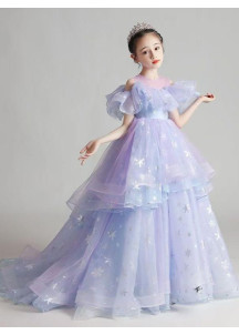 Ceremonial Dress for Little Girl in Iridescent Blue Tulle with Sparkling Snowflakes