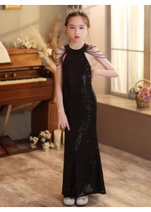 Chic Black Evening Dress for Children with Pearl-Adorned Straps