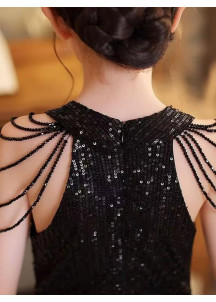 Vestido de Noche para Niñas Negro Brillante con Tirantes Ornados con Perlas