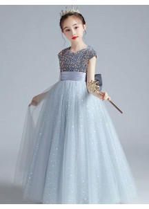 Chic Gray Evening Dress for Children in Silver Tulle with Sparkling Stars