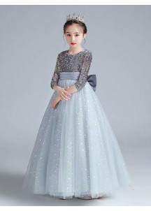 Chic Gray Evening Dress for Children in Silver Tulle with Sparkling Stars