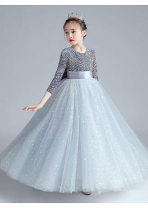 chic robe soirée enfant grise enn tulle argenté scintillant parsemé d'étoiles