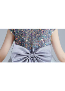 Vestido de Noche para Niñas Gris en Tul de Plata Brillante con Estrellas