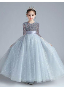 Chic Gray Evening Dress for Children in Silver Tulle with Sparkling Stars