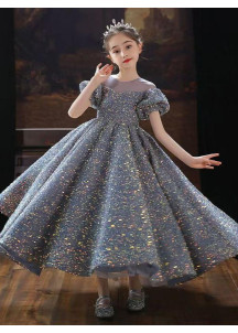 Chic Gray Evening Dress for Children with Silver Sequins and Sparkling Effect