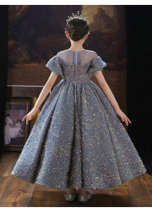 Chic Gray Evening Dress for Children with Silver Sequins and Sparkling Effect