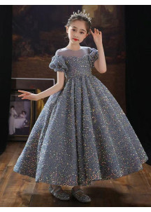 Chic Gray Evening Dress for Children with Silver Sequins and Sparkling Effect