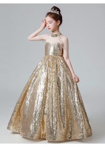 Long Embroidered Golden Sequin Ceremonial Dress for Little Girls