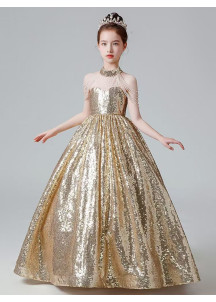 Long Embroidered Golden Sequin Ceremonial Dress for Little Girls