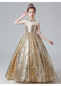 Long Embroidered Golden Sequin Ceremonial Dress for Little Girls