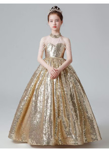 Long Embroidered Golden Sequin Ceremonial Dress for Little Girls