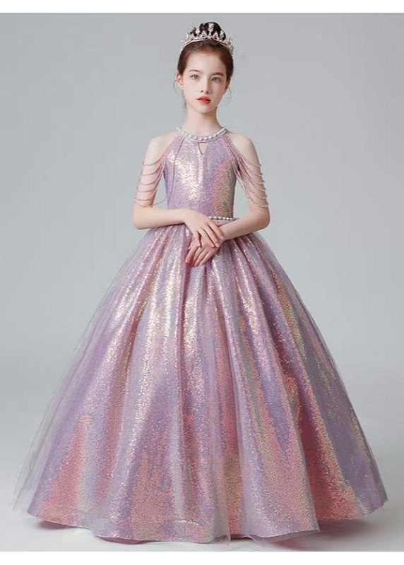 robe cérémonie petite fille longue brodée de sequins dorés étincelants