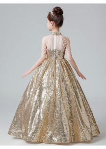 Long Embroidered Golden Sequin Ceremonial Dress for Little Girls