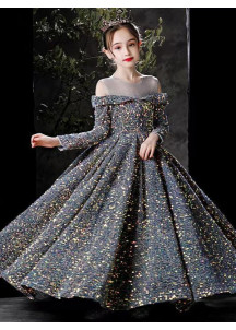 robe cérémonie petite fille longue recouverte de sequins multicolores