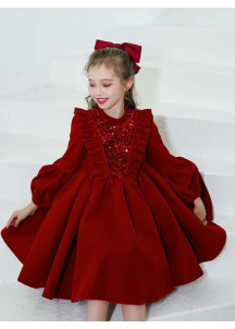 Short Red Cocktail Dress for Children with Long Sleeves and Full Skirt