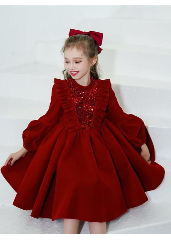 Short Red Cocktail Dress for Children with Long Sleeves and Full Skirt