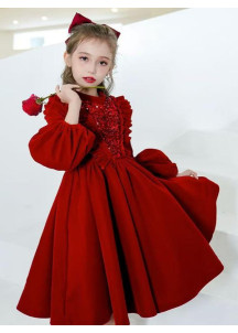 Short Red Cocktail Dress for Children with Long Sleeves and Full Skirt