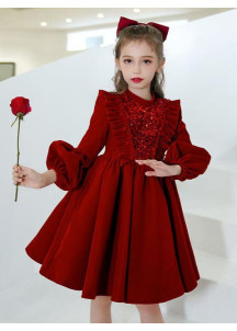 Short Red Cocktail Dress for Children with Long Sleeves and Full Skirt