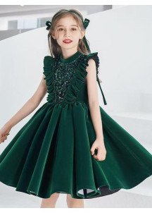 Short Red Cocktail Dress for Children with Long Sleeves and Full Skirt