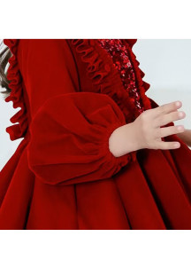 Short Red Cocktail Dress for Children with Long Sleeves and Full Skirt