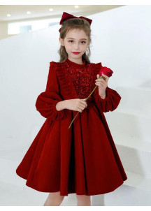 Short Red Cocktail Dress for Children with Long Sleeves and Full Skirt