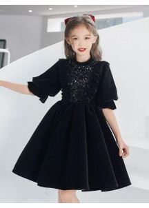 Short Red Cocktail Dress for Children with Long Sleeves and Full Skirt