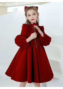 Short Red Cocktail Dress for Children with Long Sleeves and Full Skirt