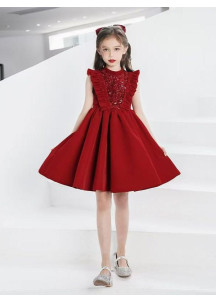 Short Red Cocktail Dress for Children with Long Sleeves and Full Skirt