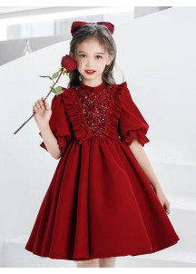 Short Red Cocktail Dress for Children with Long Sleeves and Full Skirt