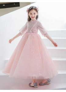 robe cortège fille en tulle rose poudré avec broderies florales