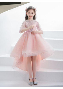 robe cortège fille en tulle rose poudré avec broderies florales