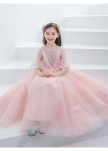 robe cortège fille en tulle rose poudré avec broderies florales