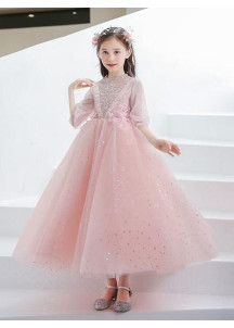 robe cortège fille en tulle rose poudré avec broderies florales