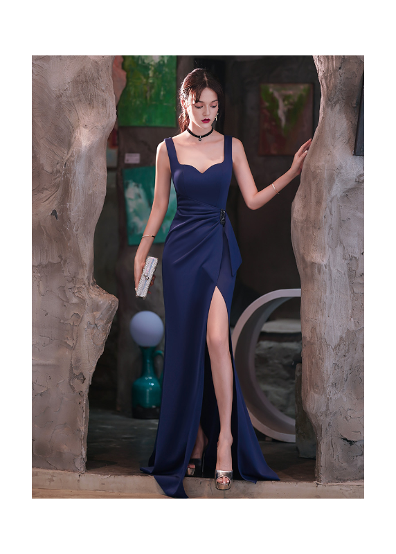 Navy blue satin mermaid evening gown