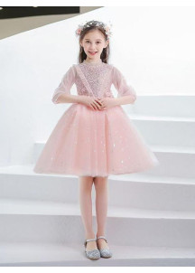 robe cortège fille en tulle rose poudré avec broderies florales