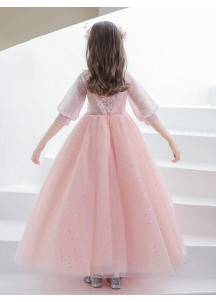 robe cortège fille en tulle rose poudré avec broderies florales