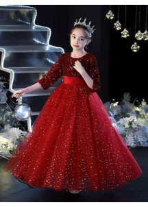 robe de bal fille en tulle rouge orné de sequins avec jupe ample et vaporeuse