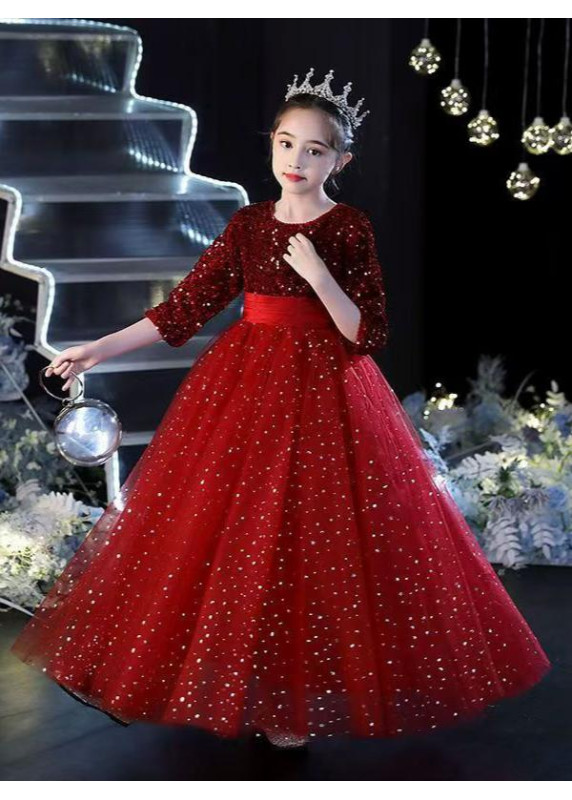 robe de bal fille en tulle rouge orné de sequins avec jupe ample et vaporeuse