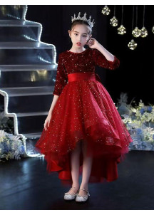 robe de bal fille en tulle rouge orné de sequins avec jupe ample et vaporeuse