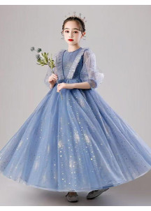 robe fille d'honneur en tulle bleu parsemé d'étoiles scintillantes