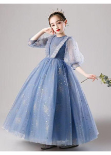 robe fille d'honneur en tulle bleu parsemé d'étoiles scintillantes