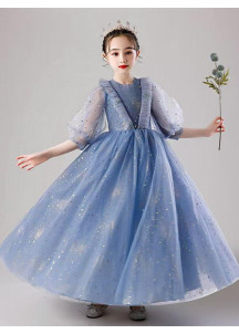 robe fille d'honneur en tulle bleu parsemé d'étoiles scintillantes