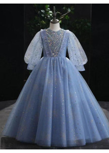 robe fille d'honneur en tulle bleu parsemé d'étoiles scintillantes