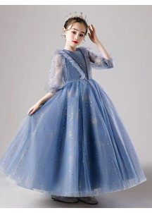 robe fille d'honneur en tulle bleu parsemé d'étoiles scintillantes